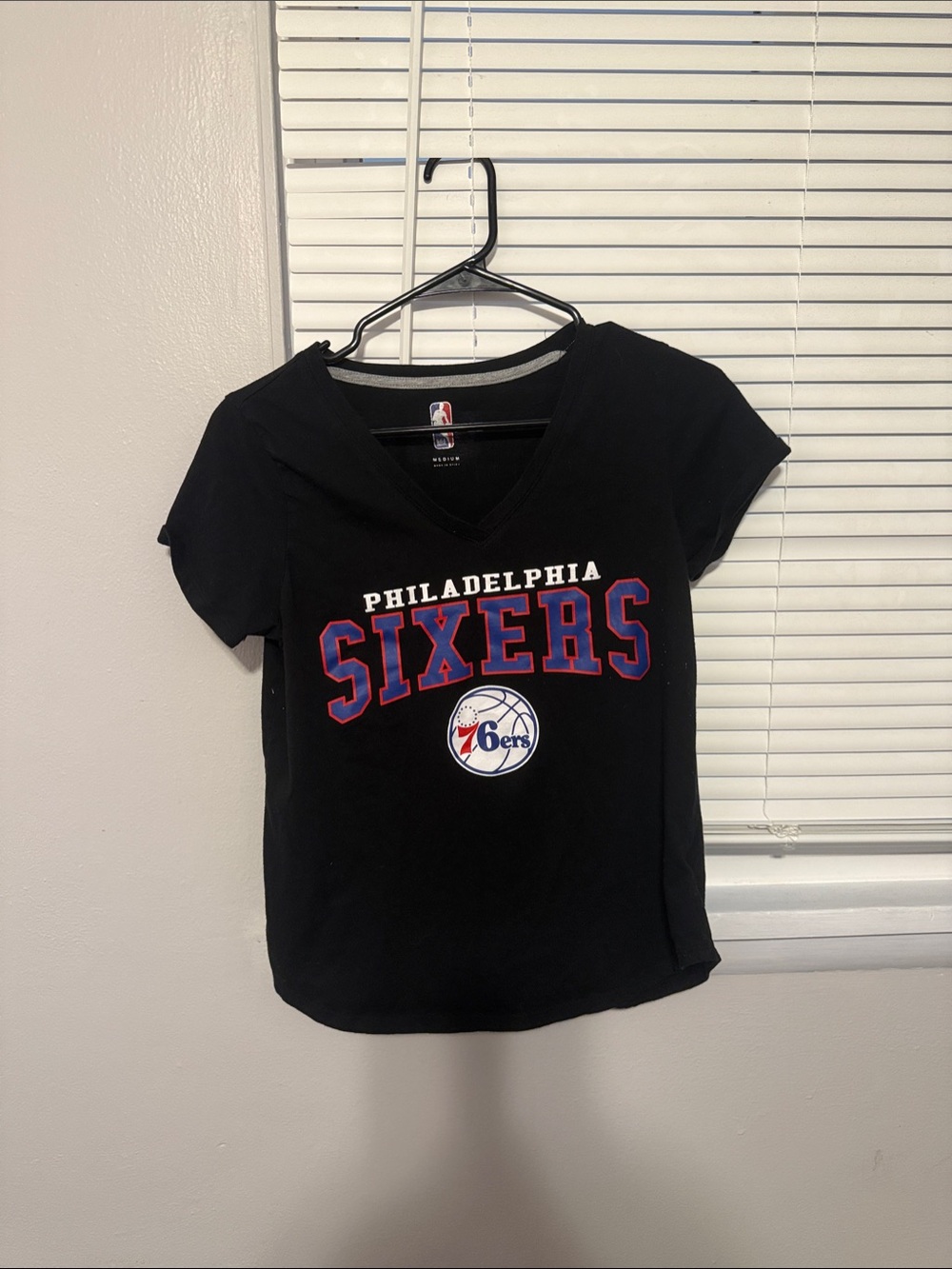 NBA Philadelphia 76ers Black V‑Neck Tee with Red & Blue Team Logo
